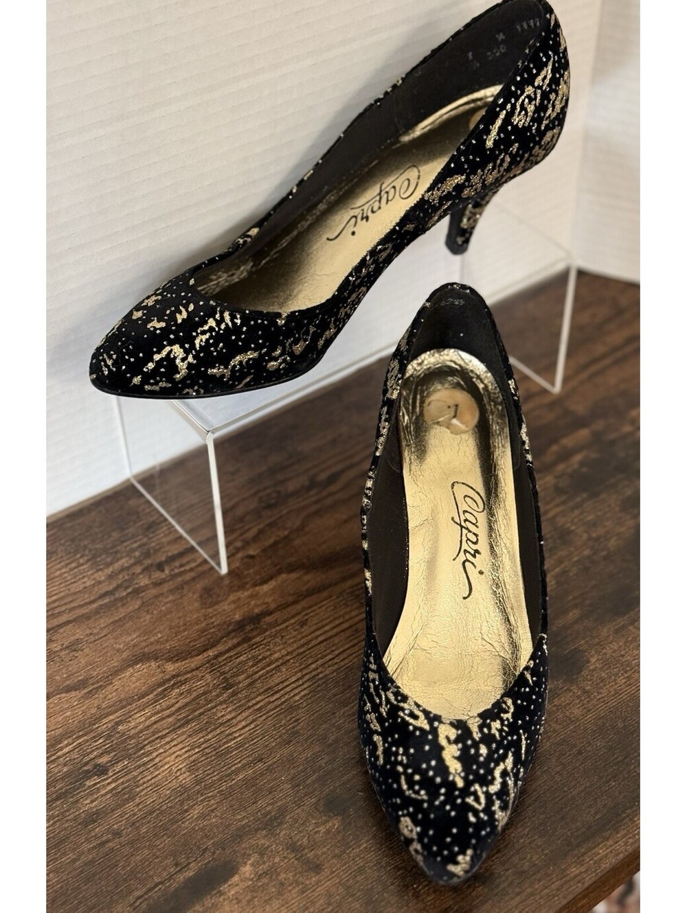Vtg Capri Black Gold Kitten Heel 1960s Womens Shoe Metallic Retro Cocktail Pumps